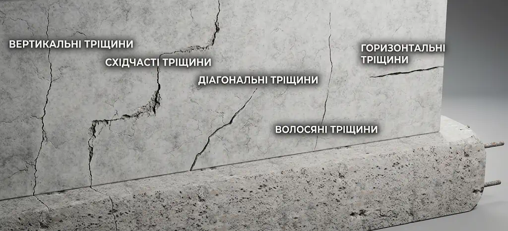 Типи тріщин в бетоні - вертикальні, діагональні, східчасті, волосяні